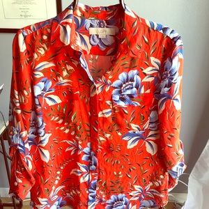 Red Floral Button Down Blouse